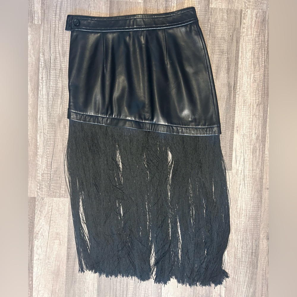 Rare Helmut Lang Leather and Fringe Asymmetrical Black Skirt Iconic - Picture 4 of 10